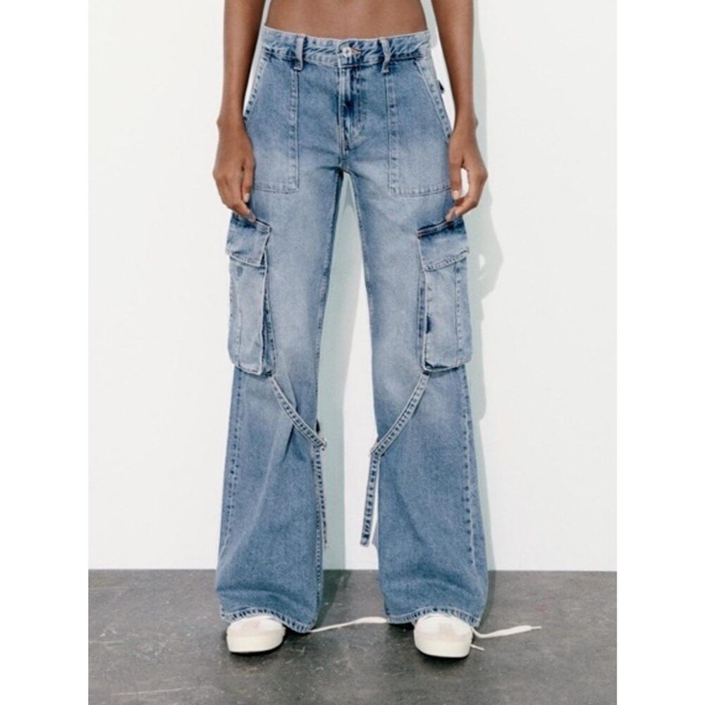 ZARA Women's Light Blue Wide Leg Cargo Jeans 4 EUC